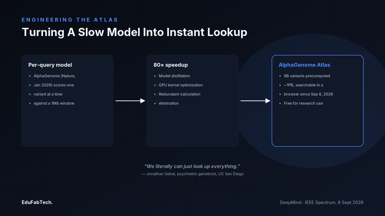 A three-stage diagram traces how an 80× computational speedup — through model distillation and GPU kernel optimization — turned the slow, per-query AlphaGenome model into the instantly searchable Atlas.