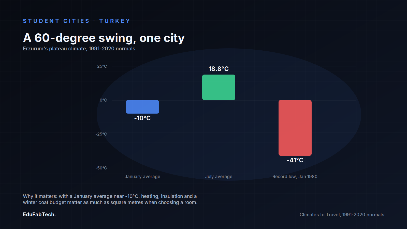 A diverging bar chart showing Erzurum's January average, July average and 1980 record-low temperatures, and why that swing matters for renters.