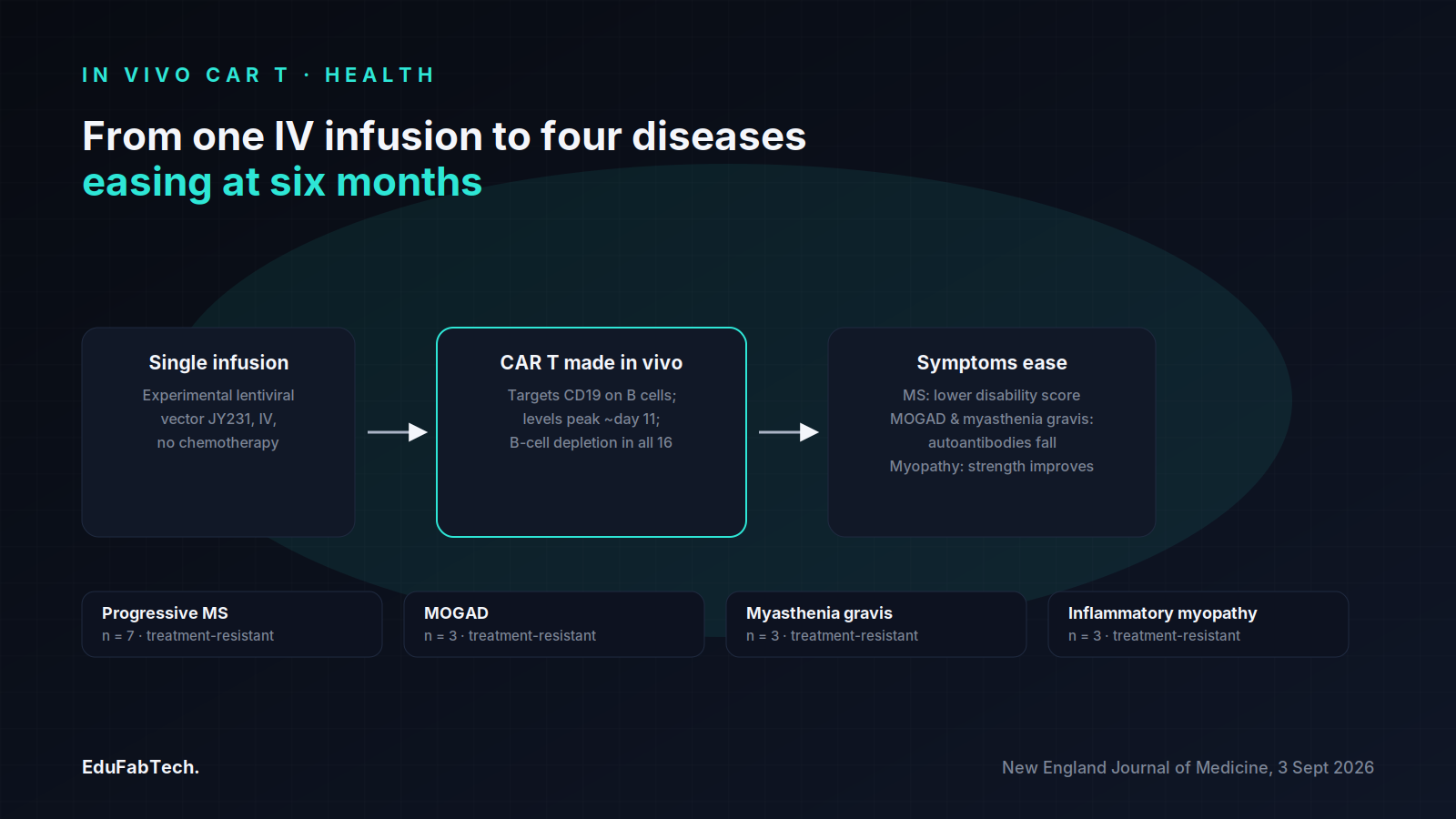 The three-step process tested in the trial: one infusion of the JY231 vector, in vivo CAR T generation peaking around day 11, and eased symptoms across progressive MS, MOGAD, myasthenia gravis and inflammatory myopathy.