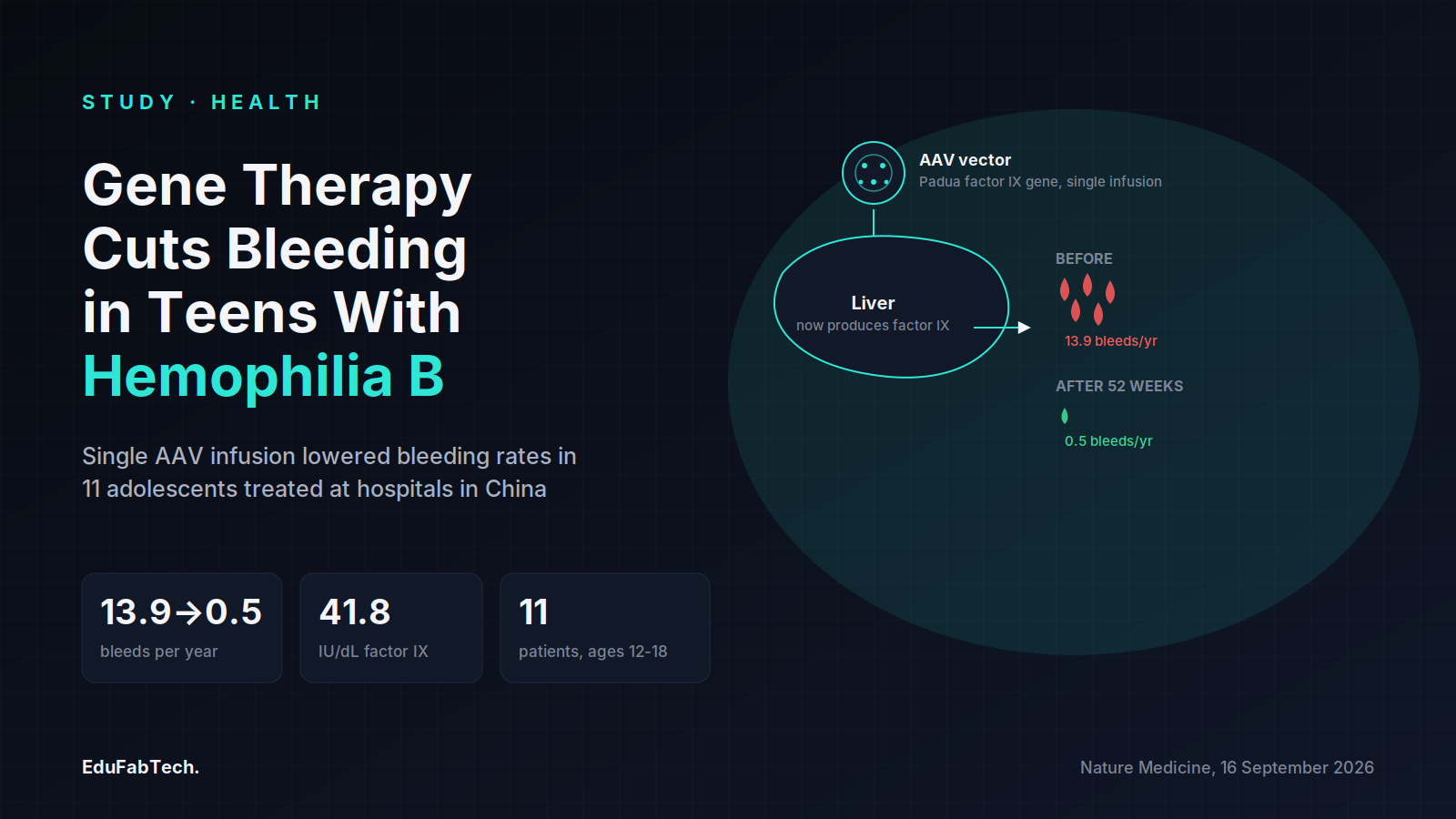 A single AAV gene-therapy infusion cut annualized bleeding from 13.9 to 0.5 episodes per year in 11 adolescents with hemophilia B, restoring liver production of factor IX.