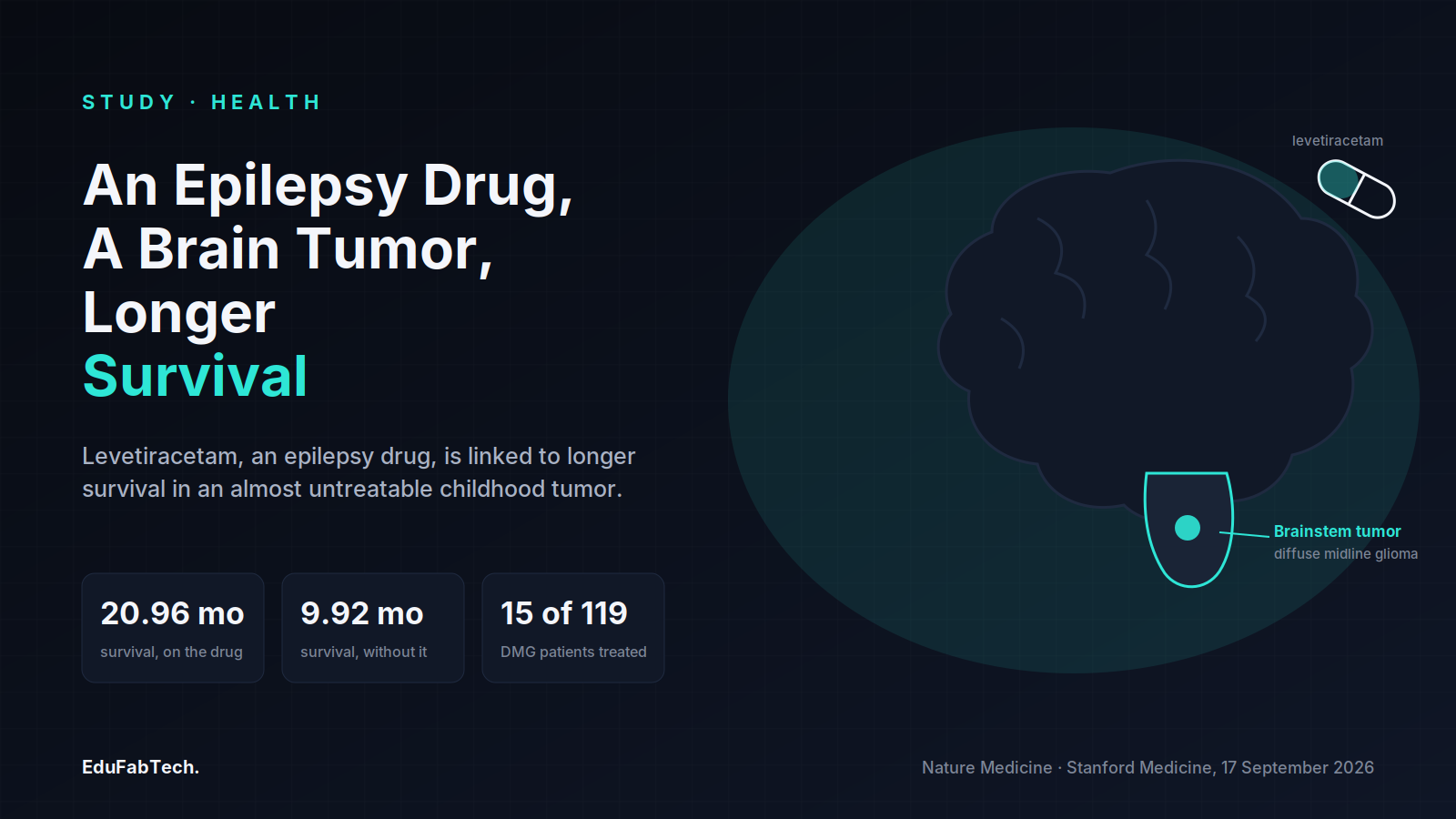 A brainstem diagram highlights where diffuse midline glioma forms, alongside survival figures for children taking the epilepsy drug levetiracetam versus those who were not.