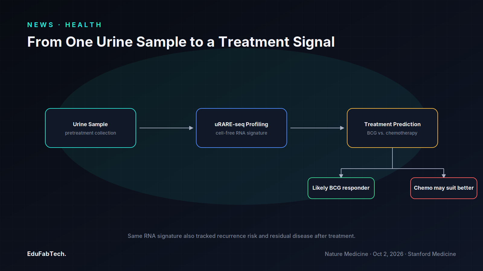 A three-step diagram traces how one urine sample is profiled by uRARE-seq to predict whether a patient will respond better to BCG immunotherapy or chemotherapy.