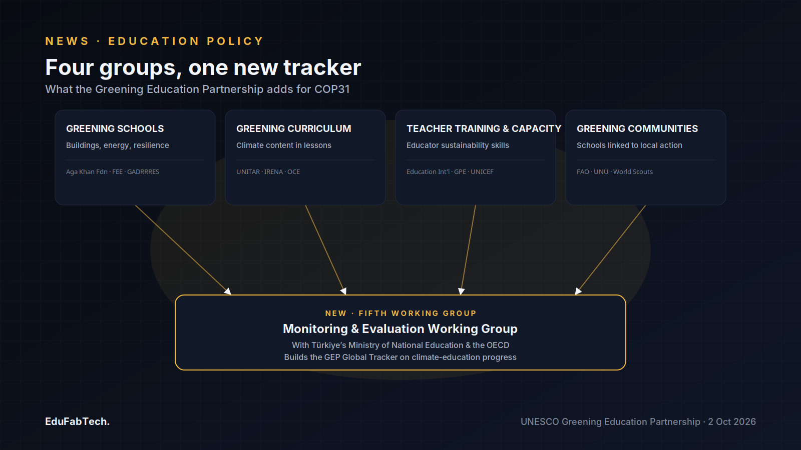A flow diagram shows the Partnership's four existing working groups — schools, curriculum, teacher training, communities — feeding into a new fifth Monitoring & Evaluation Working Group built with Türkiye's ministry and the OECD.