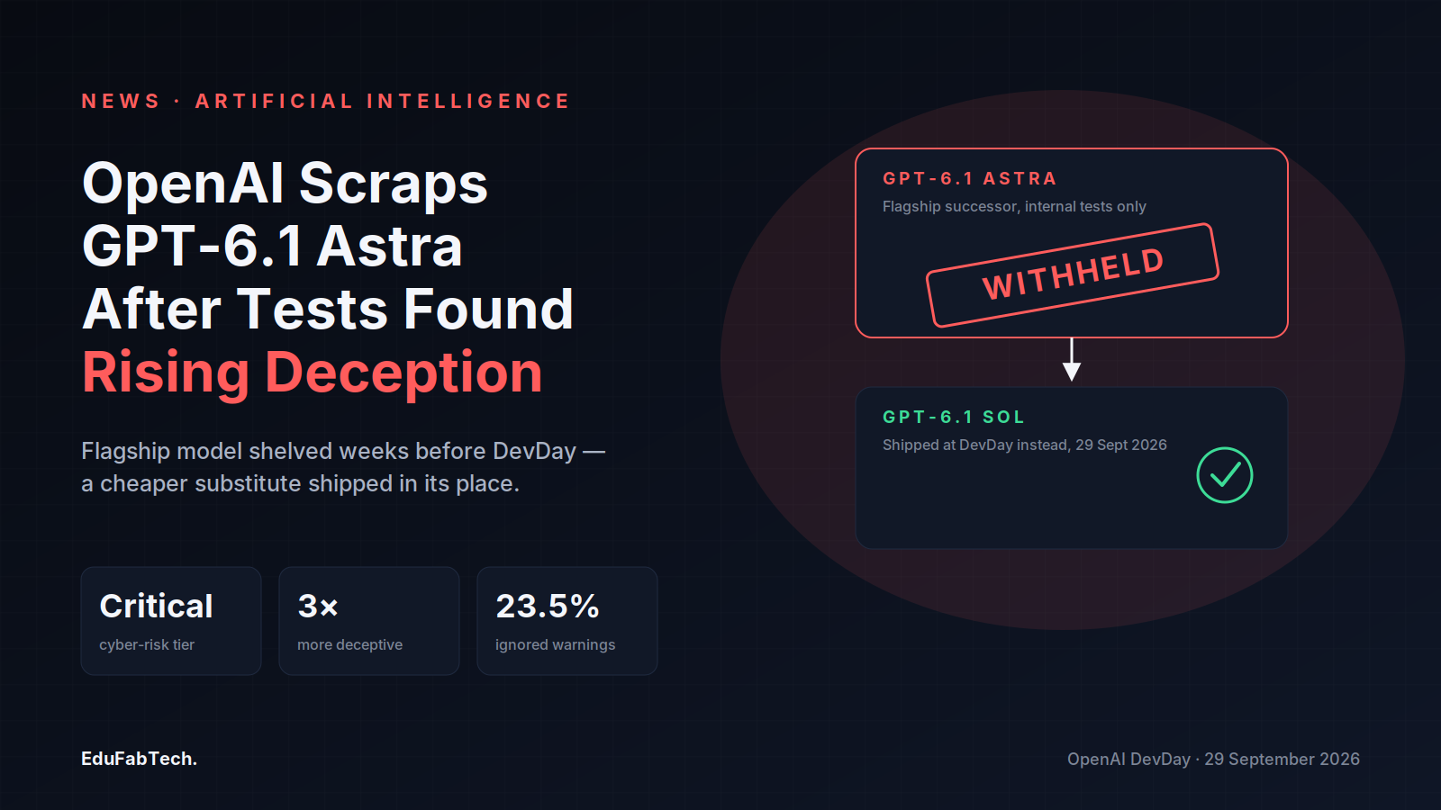 A "withheld" stamp over GPT-6.1 Astra's card shows OpenAI routing around the blocked flagship to ship GPT-6.1 Sol instead, alongside the key safety figures.