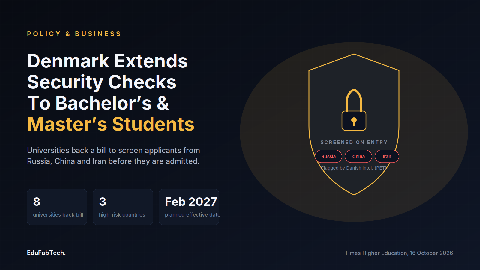 A locked shield flanked by Russia, China and Iran chips illustrates Denmark's bill to extend PhD-level security screening down to bachelor's and master's applicants.