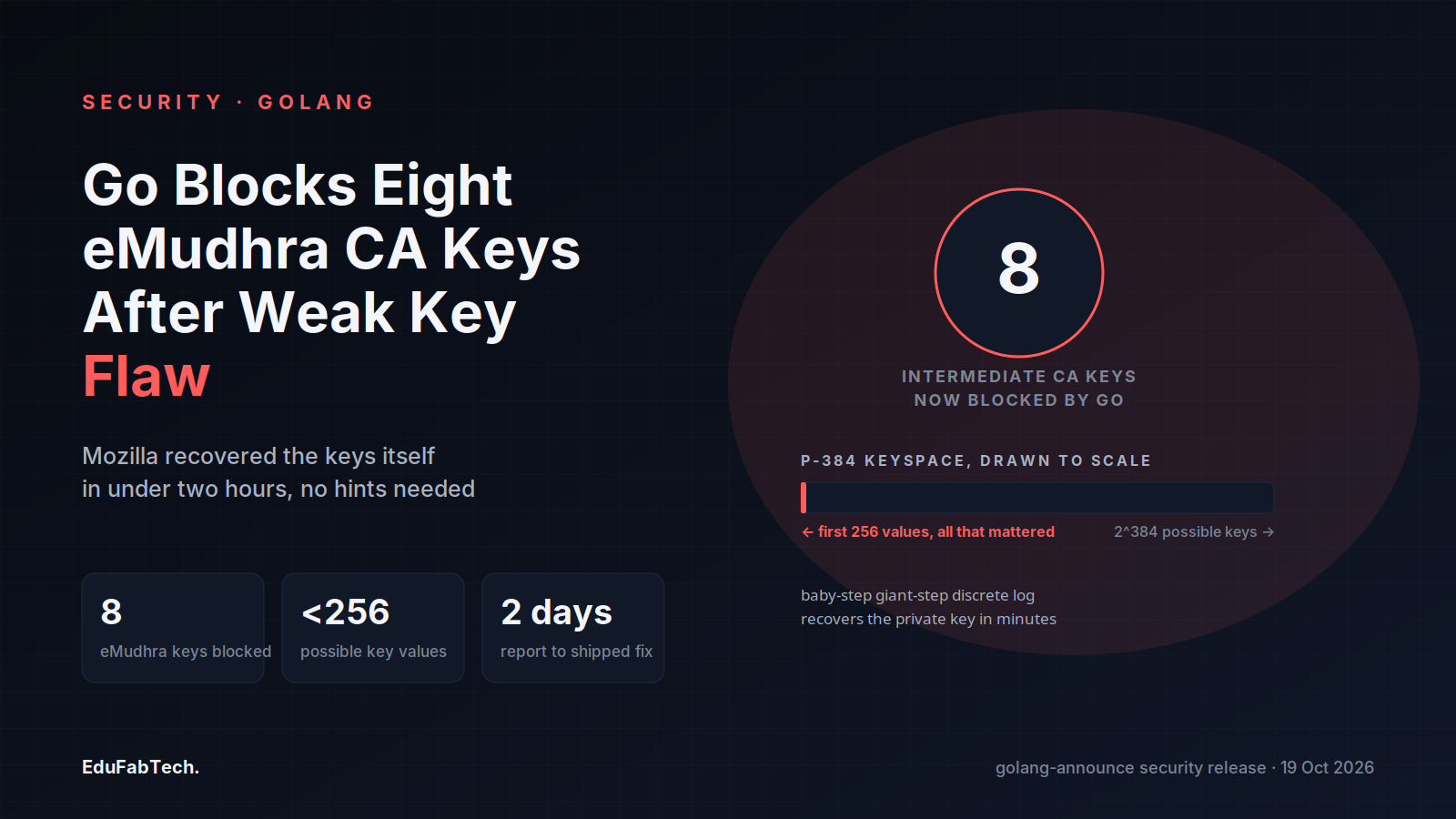 An "8" badge for the blocked eMudhra CA keys next to a keyspace bar showing the tiny sliver of values (under 256, out of 2^384) the flawed keys actually used.