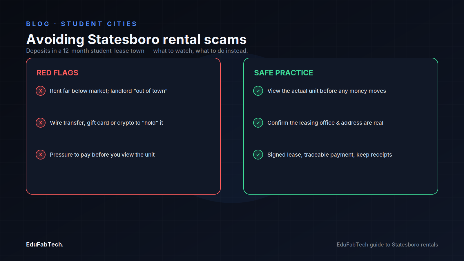 A red-flags-versus-safe-practice checklist for avoiding Statesboro rental deposit scams.
